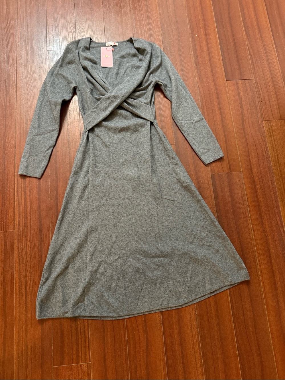 Gray Long Sleeve Wrap-Front Midi Dress